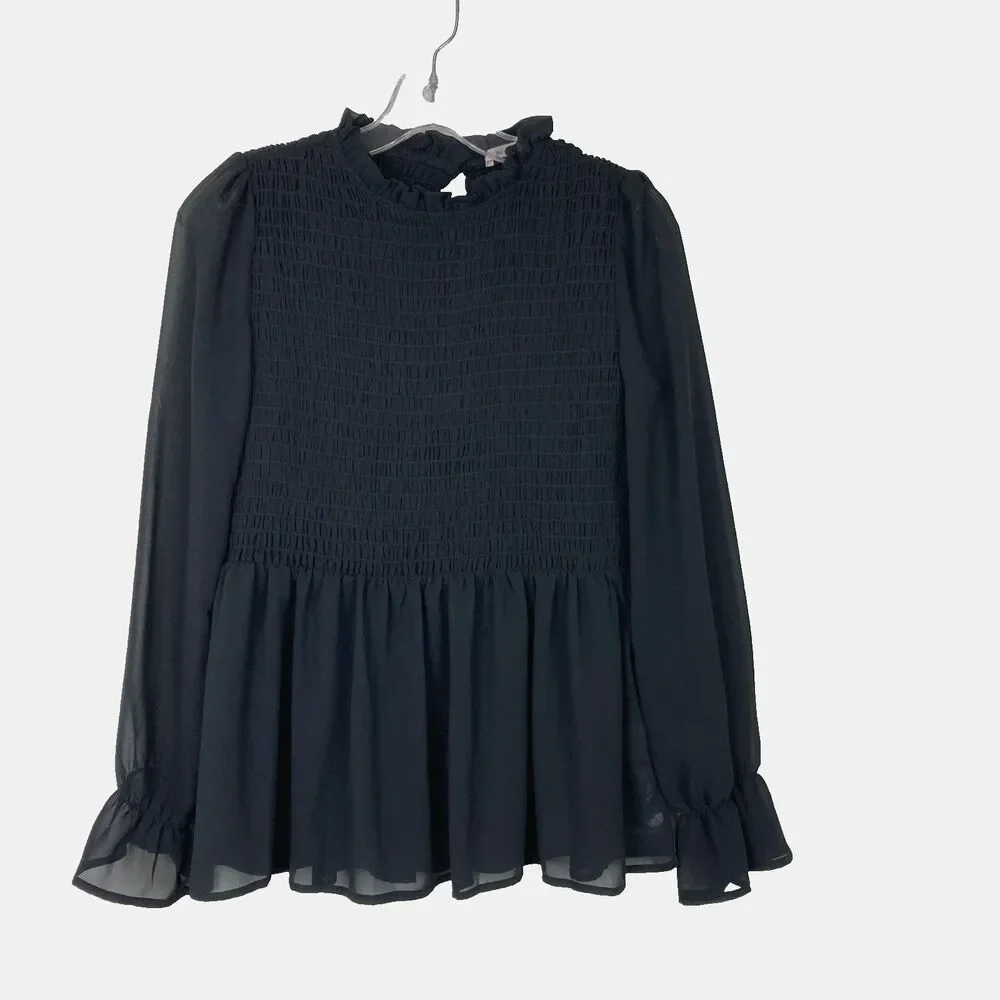 Mi Ami Women's Smocked Peasant Blouse Size S Black Sheer Sleeves